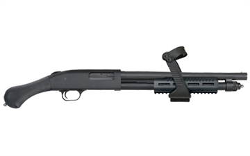 Picture of Mossberg 590 Shockwave, Pump Action, 12 Gauge, 3" Chamber, Shotgun, Stand Off 14.375" Barrel, Matte Blued Finish, Synthetic Stock, Shockwave Grip, M-LOK Forend w/Chainsaw Strapped Grip, Cylinder Bore Choke, 5Rd, Bead Sight 50647