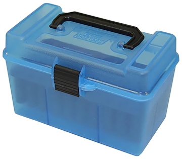 Picture of MTM H50-R-MAG - Deluxe Ammo Box w/Handle 7mm Rem Mag - 300 Win Mag 50/ct Capacity Clear Blue H50-R-MAG-24 H50RMAG24