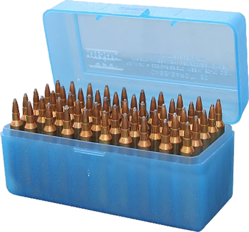 Picture of MTM Case-Gard R-50 Series Rifle Ammo Box .375 Rem UM .375 Wby Mag 50 Rounds Clear Blue RLLD-50-24 RLLD5024
