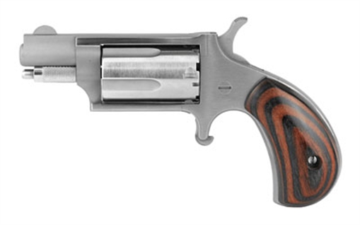 Picture of North American Arms Mini Revolver, Single Action, Revolver, 22 WMR, 1.125" Barrel, Stainless Steel, Silver, Red/Black Wood Grips, Fixed Sights, 5 Rounds NAA-22MS-GRB