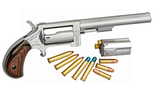 Picture of North American Arms Sidewinder *CA Compliant 22 LR or 22 WMR 5rd 4" Barrel, Overall Stainless Steel Finish & Rosewood Birdshead Grip Includes Cylinder SWC4