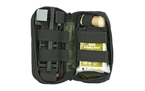 Picture of North American Rescue M-FAK Mini First Aid Kit, Contains: 1 C-A-T Tourniquet, 1 ETD 4" Flat, 1 Gauze S-Rolled, 1 HyFin Compact Chest Seal Twin Pack, 1 Pair Nitrile Gloves in Large, 500 Denier Nylon Bag, Black Finish 80-0494