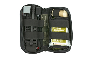 Picture of North American Rescue M-FAK Mini First Aid Kit, Contains: 1 C-A-T Tourniquet, 1 ETD 4" Flat, 1 Gauze S-Rolled, 1 HyFin Compact Chest Seal Twin Pack, 1 Pair Nitrile Gloves in Large, 500 Denier Nylon Bag, Black Finish 80-0494