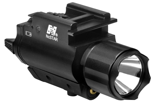 Picture of NcSTAR 200 Lumen Cree LED Flashlight and laser with Quick Release Mount, Fits Picatinny/Weaver Rail, Red Laser, Black, Uses (2) CR123A Batteries (Included) AQPFLS