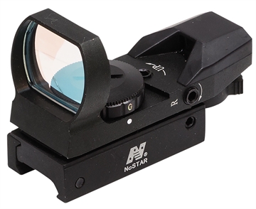 Picture of NcSTAR 4 Reticle Reflex, 4 Reticles,(Bullseye, Star Burst, Dot, and Cross), Black, Weighs 4.3oz, 3MOA Dot, 7 Brightness Settings, Clamp on Weaver/Picatinny Rail Mount D4RGB