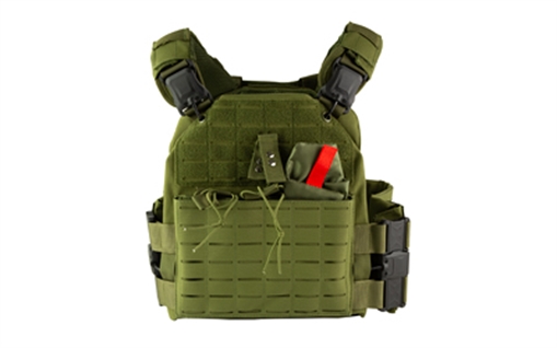 Picture of NcSTAR Quick Release Laser Cut Plate Carrier, Green, Size Medium-2XL, Quick Release Metal Buckles at Shoulders and Sides, Side Plate Panel Pockets fit 6"x11" Side Plates, Laser Cut MOLLE Slots, Kangaroo Pouch, Adjustable Cummerbund, Main Pouch Fits 10"x12" Hard Plates CVLCQR3054G