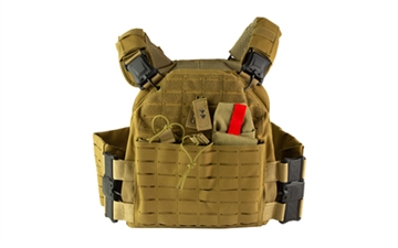 Picture of NcSTAR Quick Release Laser Cut Plate Carrier, Tan, Size Medium-2XL, Quick Release Metal Buckles at Shoulders and Sides, Side Plate Panel Pockets fit 6"x11" Side Plates, Laser Cut MOLLE Slots, Kangaroo Pouch, Adjustable Cummerbund, Main Pouch Fits 10"x12" Hard Plates CVLCQR3054T