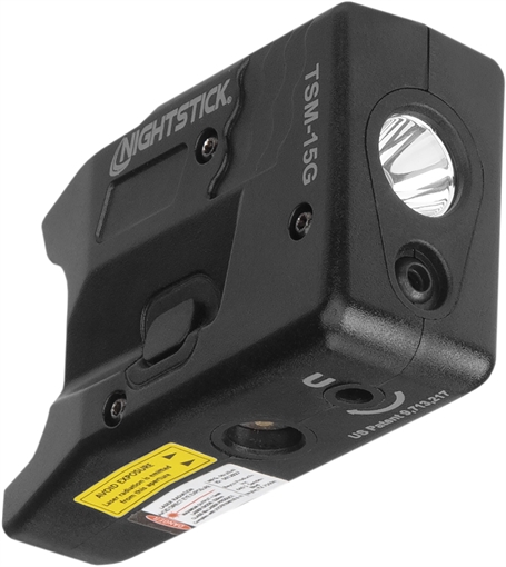 Picture of Nightstick TSM-15G, Subcompact Tactical Weapon-Mounted Light w/Green Laser, Fits S&W Shield 9/40, 150 Lumens, 2,700 Candela, Black, .75 Hours of Runtime, IP-X4 Water-Resistant, Rechargeable Battery TSM-15G TSM15G