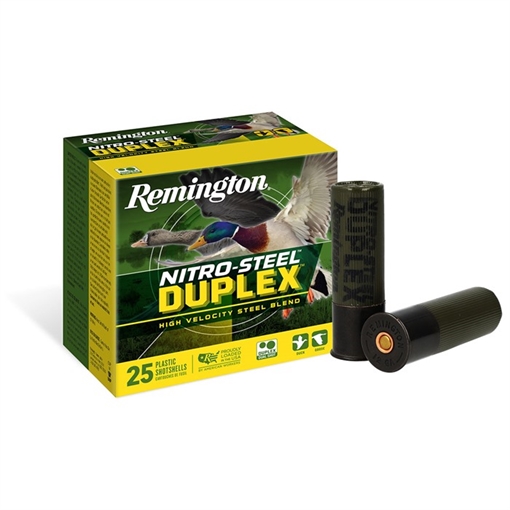 Picture of Remington Nitro Steel Duplex Magnum, 12 Gauge, 3", BB and #4 Shot, Zinc-Plated Steel, 25 Round Box R26645