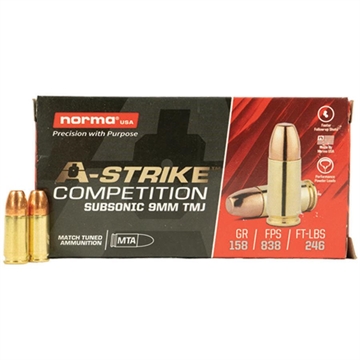 Picture of Norma A-Strike Subsonic Ammunition 9mm Luger 158gr TMJ 838 fps 50/ct 801902422