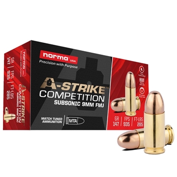 Picture of Norma A-Strike Subsonic Handgun Ammunition 9mm Luger 147 FMJ 935 fps 50/ct 801906412