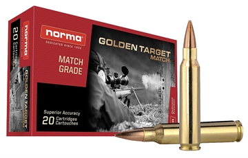 Picture of Norma Ammunition Dedicated Precision Golden Target Match 223Rem 77gr Hollow Point Boat Tail 20 Per Box/10 Case 2423552