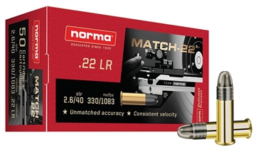 Picture of Norma Ammunition Dedicated Precision Match 22LR 40gr Lead Round Nose 50 Per Box/100 Case 2425076
