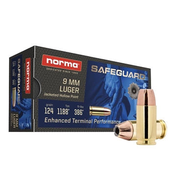 Picture of Norma Safeguard Handgun Ammunition 9mm Luger 124gr JHP 1188 fps 50/ct 801907288