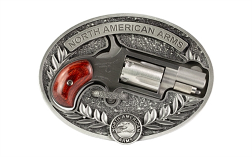 Picture of North American Arms Mini Revolver, Single Action Only, Revolver, 22LR, 1.125" Barrel, Matte Finish Stainless Steel, Silver, Wood Grips, Fixed Sights, 5 Rounds, Includes Oval Ornate Belt Buckle NAA-22LR-BBO