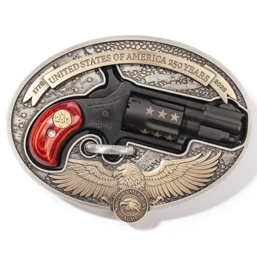 Picture of NORTH AMERICAN ARMS USA 250TH ANNIVERSARY BUCKLE GUN 22LR 1 1/8IN BARREL 5RD BLACK ROSEWOOD GRIP W/ MEDALLION NAA-22LR-BBO250