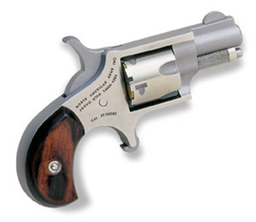 Picture of North American Arms Mini Revolver, Single Action Only, Revolver, 22 Short, 1.125" Barrel, Matte Finish, Stainless Steel, Silver, Wood Grips, Fixed Sights, 5 Rounds NAA-22S