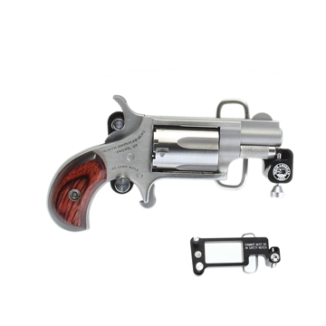 Picture of North American Arms Mini Revolver, Single Action Only, Revolver, 22LR, 1.125" Barrel, Matte Finish Stainless Steel, Silver, Wood Grips, Fixed Sights, 5 Rounds, Includes Skelton Belt Buckle NAA-22LR-BBS