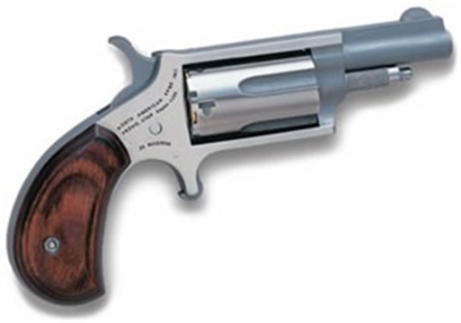 Picture of North American Arms Mini Revolver, Single Action Only, Revolver, 22 WMR, 1.625" Barrel, Matte Finish, Stainless Steel, Silver, Wood Grips, Fixed Sights, 5 Rounds NAA-22M