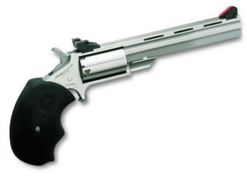 Picture of North American Arms Mini-Master *CA Compliant 22 LR or 22 WMR 5rd 4" Vent Rib Barrel, Overall Stainless Steel Finish & Finger Grooved Black Rubber Grip Includes Cylinder MMC