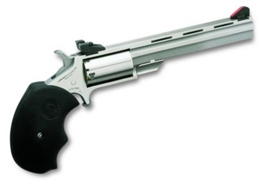 Picture of North American Arms Mini-Master *CA Compliant 22 WMR 5 Shot 4" Vent Rib Barrel, Overall Stainless Steel Finish, Finger Grooved Black Rubber Grip, Adjustable Sights MMTM