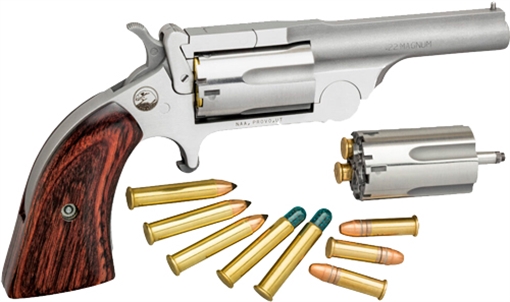 Picture of North American Arms Ranger II 22 LR or 22 WMR Caliber with 2.50" Barrel, 5rd Capacity Cylinder, Overall Stainless Steel Finish & Rosewood Boot Grip Includes Cylinder 22MCR250