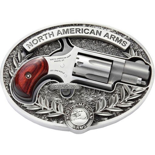 Picture of North American Arms Mini Revolver, 50th Anniversary, Single Action Only, Revolver, 22LR, 1.125" Barrel, Matte Finish Stainless Steel, Silver and Gold, Wood Grips, Fixed Sights, 5 Rounds, Includes Oval Ornate Belt Buckle NAA-22LR-BBO-50
