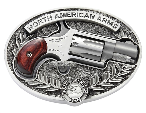 Picture of North American Arms Mini-Revolver w/Belt Buckle 22 LR 5 Shot 1.13" Stainless Steel Barrel, Frame & Cylinder, Rosewood Birdshead Grip, Exposed Hammer, Includes Custom Carry Belt Buckle 22LR-BBO