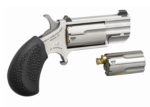 Picture of North American Arms Pug 22 LR or 22 WMR 5 rd 1" Barrel, Overall Stainless Steel Finish, Black Rubber Grip Includes Cylinder PUGDC