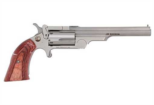 Picture of North American Arms Ranger II 22 LR or 22 WMR Caliber with 4" Barrel, 5rd Capacity Cylinder, Overall Stainless Steel Finish & Rosewood Boot Grip Includes Cylinder 22MCR4