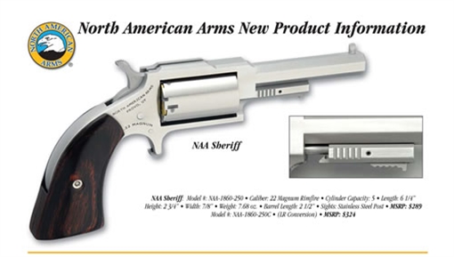 Picture of North American Arms 1860 Sheriff 22 LR or 22 WMR Caliber with 2.50" Barrel, 5rd Capacity Cylinder, Overall Stainless Steel Finish & Rosewood Boot Grip Includes Cylinder 1860250C