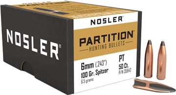 Picture of Nosler Partition, .243 Diameter, 6MM/243 Winchester, 100 Grain, Spitzer, 50 Count 35642