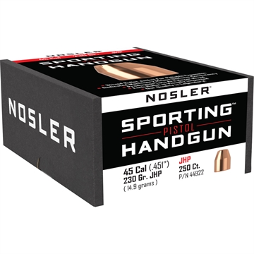 Picture of Nosler Nosler Sporting Handgun Pistol Bullet .45 Cal. 230 gr. Jacketed Hollow Point 250 pk. 44922