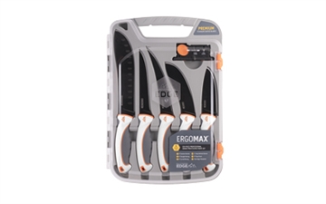 Picture of Outdoor Edge ErgoMax, Fixed Blade Knife Set, Plain Edge, 5Cr13MoV Blade Steel, White and Orange Handles, Titanium Coated Blades, Kit includes 5 Knives and Sharpener EM-1