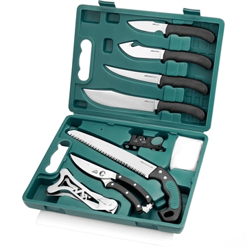 Picture of Outdoor Edge Gamepro-Complete Game Processing Kit, Plain Edge, 420J2 Stainless Steel, Black, Includes (1) Caping Knife, (1) Skinner Knife, (1) Boning Knife, (1) Butcher Knife, (1) Shears, (1) Bone Saw, (1) Ribcage Spreader, (1) Two Stage Sharpener, and Hard Plastic Case GP-11