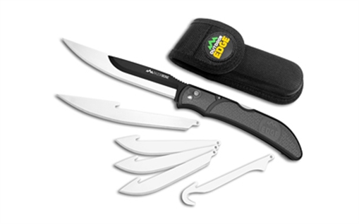 Picture of Outdoor Edge Razorwork, Folding Knife, Plain Edge, Black Oxide Finish, 420J2 Stainless Steel, Gray Handle, Includes (2) Boning/Filet Knives, (3) Drop-Point Blades, and (1) Gutting Blade RBY-10C