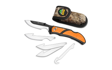Picture of Outdoor Edge Razorcape, Folding Knife, Plain Edge, 3" Blades, Black Oxide Finish, 420J2 Stainless Steel, Orange Handle, Includes (2) Caping Blades, (2) Drop Point Blades, and (1) Gutting Blade RCB30-10C