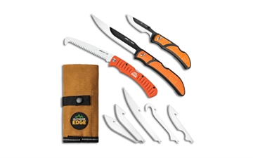 Picture of Outdoor Edge Razorguide Pak, Folding Knife Set, Black Oxide Finish, 420J2 Stainless Steel, Orange Handle, Includes (1) Razorbone with 5 Blades, (1) Razorcape with 2 Blades, and (1) Flip N Zip Saw RGP-1