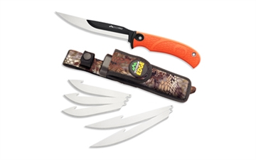 Picture of Outdoor Edge Razormax, Fixed Blade Knife, Plain Edge, Black Oxide Finish, 420J2 Stainless Steel, Orange Handle, Includes (3) Drop Point Blades, (3) Boning/Fillet Blade and Nylon Sheath RMB-20C