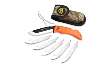 Picture of Outdoor Edge Razor Pro, Folding Knife, Plain Edge, 3.5" Blades, 420J2 Stainless Steel, Orange Handle, Includes (6) Drop Point Blades and Gut Blade RO-20C