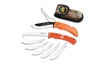 Picture of Outdoor Edge Razor Pro, Folding Knife and Saw Combo, Plain Edge, 3.5" Blades, 420J2 Stainless Steel, Orange Handle, Includes (6) Drop Point Blades and Gut Blade ROC-30C