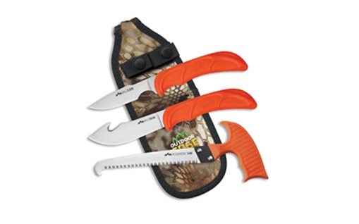 Picture of Outdoor Edge Wild Guide, Fixed Blade Knife Set, Plain Edge, 420J2 Stainless Steel, Orange Handle, Includes (1) Caper Knife, (1) Skinner Knife, (1) Bone Saw, and Nylon Sheath WG-10C