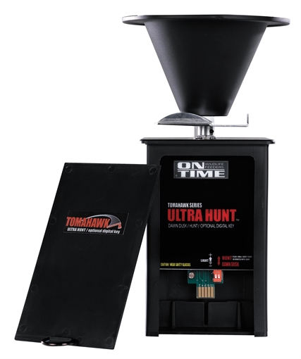 Picture of On Time Tomahawk Ultra Hunt Feeder Black Waterproof High-Impact Composite, Heavy Duty Motor, Dawn-Dusk Mode Operation, 4 Feed Times with 1-20 Second Duration, Universal Mount 43005