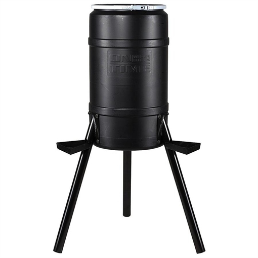Picture of On Time Buckeye Gravity Feeder made of Polyethylene with 200 lbs Capacity, 2" Metal Legs, 3 Feeding Stations, Removable Lid & Accepts All Types of Feed 71540