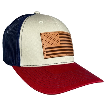 Picture of Outdoor Cap Stone/Navy/Cardinal Trucker w/ USA Flag Leather Patch USA771
