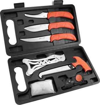 Picture of Outdoor Edge Jager Pak Game Processing Kit, Fixed Blade Knife Set, Plain Edge, 420J2 Stainless Steel, Orange Handle, Includes (1) Gutting Knife, (1) Skinner Knife, (1) Boning Knife, (1) T-Handle Saw, (1) Sharpener, (1) Rib Spreader, Game Cleaning Gloves, Hard Case JP-8 JP8