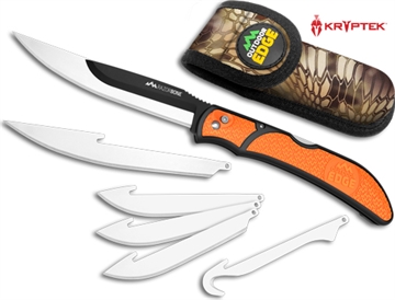 Picture of Outdoor Edge Razorwork, Folding Knife, Plain Edge, Black Oxide Finish, 420J2 Stainless Steel, Orange Handle, Includes (2) Boning/Filet Knives, (3) Drop-Point Blades, and (1) Gutting Blade RBB-20C