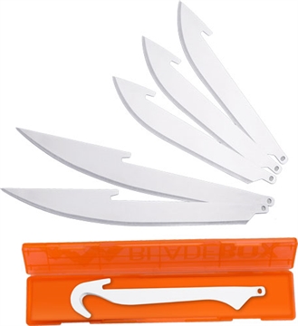 Picture of Outdoor Edge Razor Safe Replacement Blades, Plain Edge, 20J2 Stainless Steel, (3) 3.5" Drop Point Blades, (2) 5" Boning/Fillet Blades, and (1) Gutting Blade RRC-6