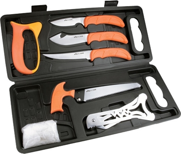 Picture of Outdoor Edge Wild Pak Game Processing Kit, Fixed Blade Knife Set, Plain Edge, 420J2 Stainless Steel, Orange Handle, Includes (1) Caper Knife, (1) Skinner Knife, (1) Boning Knife, (1) Bone Saw, (1) Sharpener, (1) Rib Spreader, Game Cleaning Gloves, and Hard Case WP-2