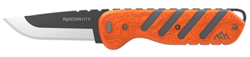 Picture of Outdoor Edge Razor HTX, Fixed Blade Knife, Plain Edge, 3" Blade Length, Includes (3) Drop Point Blades, (2) Caping Blades, (1) Gutting Blade, (1) Saw Blade Pod, Matte Finish, Orange & Gray Rubberized Aluminum Handle HTX30B-6C HTX30B6C